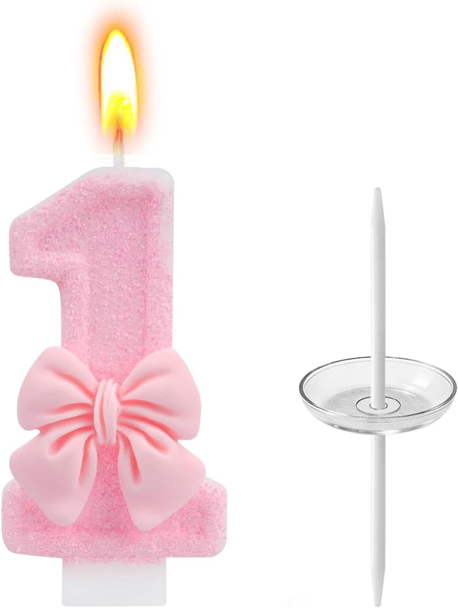 1e verjaardagstaart kaars,3D roze nummer kaars decoratie