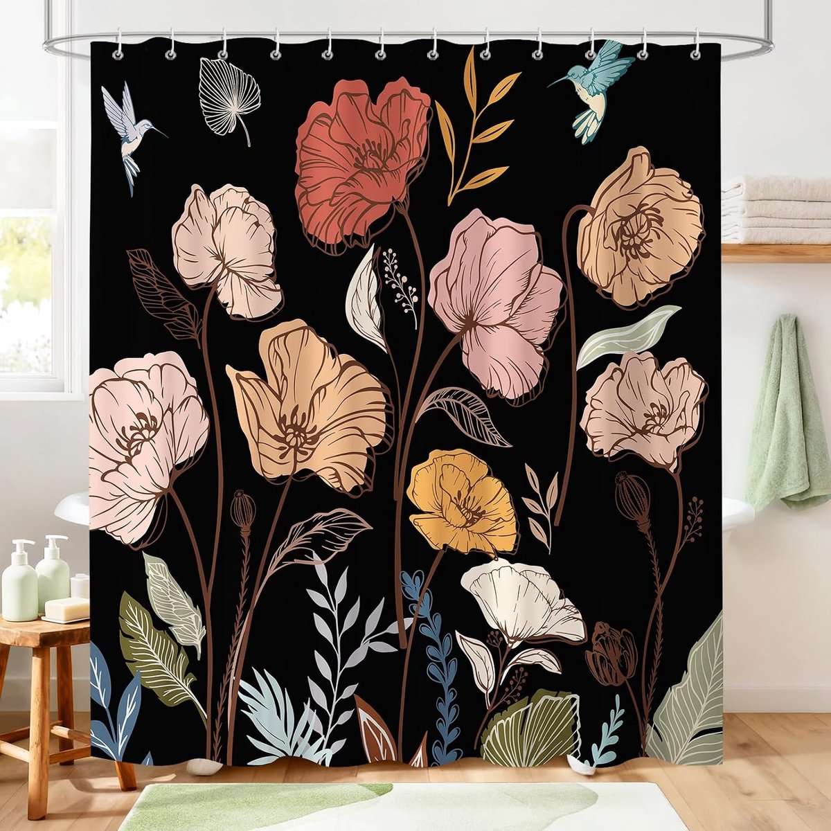 Bloemen Douchegordijn, Aquarel Vintage Wildflower Plant Kolibrie Botanische Waterdichte Polyester Stof Badgordijnen, Boho Boerderij Tuin Bad Decor met 12 Haken 180 x 180 cm