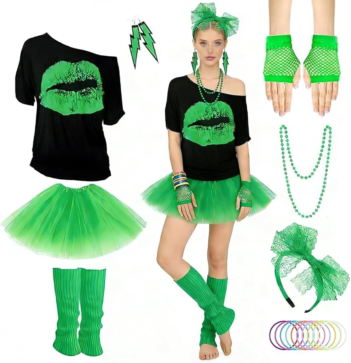 80-jurk voor dames, jaren 80-accessoires voor dames, jaren 80-kostuum, discotheek, tutu, haarband, oorbellen, nethandschoenen, halskettingen, feestjurken voor carnaval