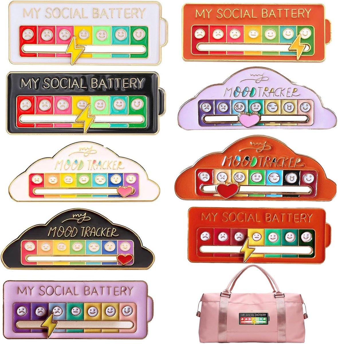 9 stuks verstelbare sociaal batterijpin, grappige sociaal batterij-badge, creatieve interactieve stemmingspinnen, batterij broche pin voor 7 dagen per week, kan je emoties tonen, cadeau