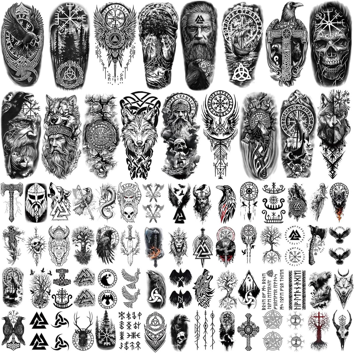 Tijdelijke tatoeages voor volwassenen en kinderen, waterbestendige neppatages, 17 grote en 60 kleine zwarte tattoostickers (Viking)