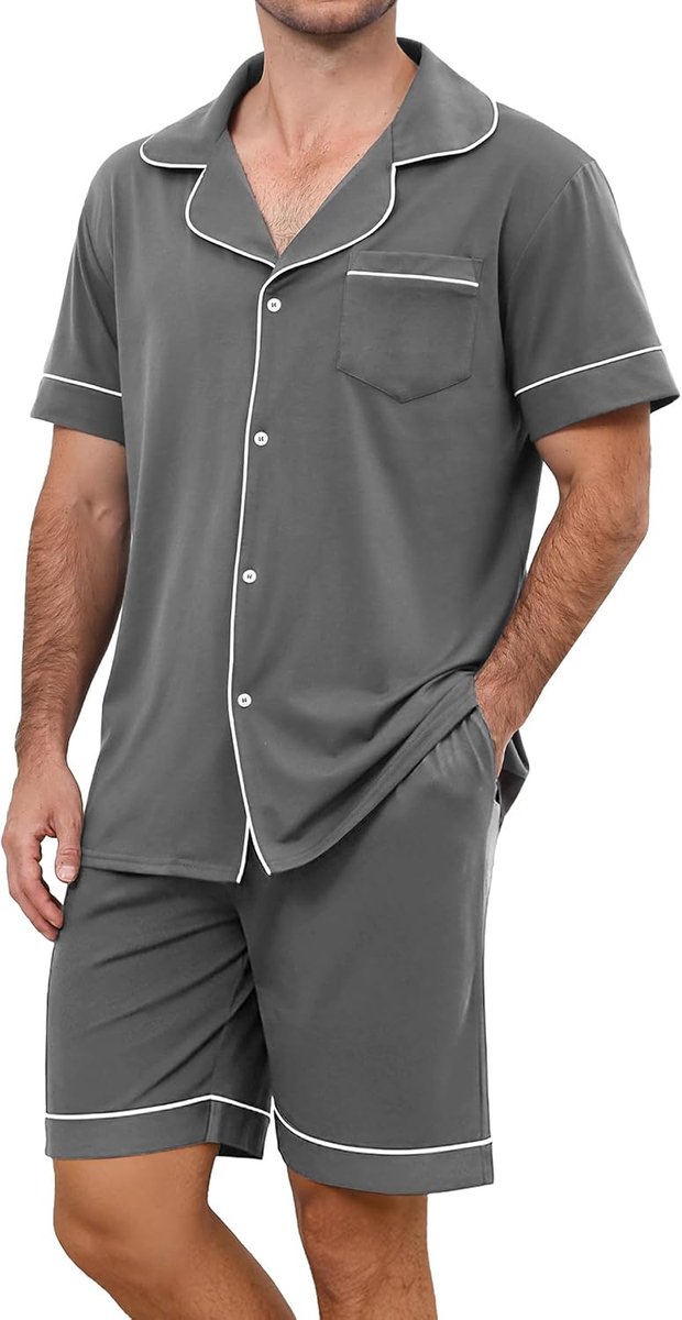 Pyjamaset voor heren, pyjamaset voor heren, korte mouwen en shorts, pyjamasets, comfortabel, lichtgewicht, loungewear met knopen, nachtkleding voor heren met zakken