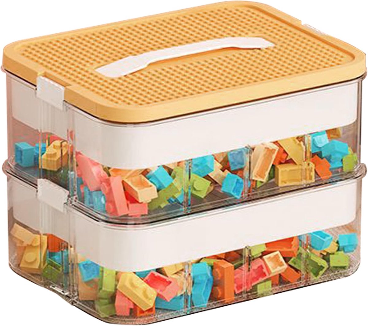 Opbergdoos met deksel voor Lego plastic, stapelbaar, Lego Box met handvat, bouwstenen, boxen, opslag, speelgoedkist, transparante organizer, box, kinderspeelgoedkist (dubbellaags citroengeel)