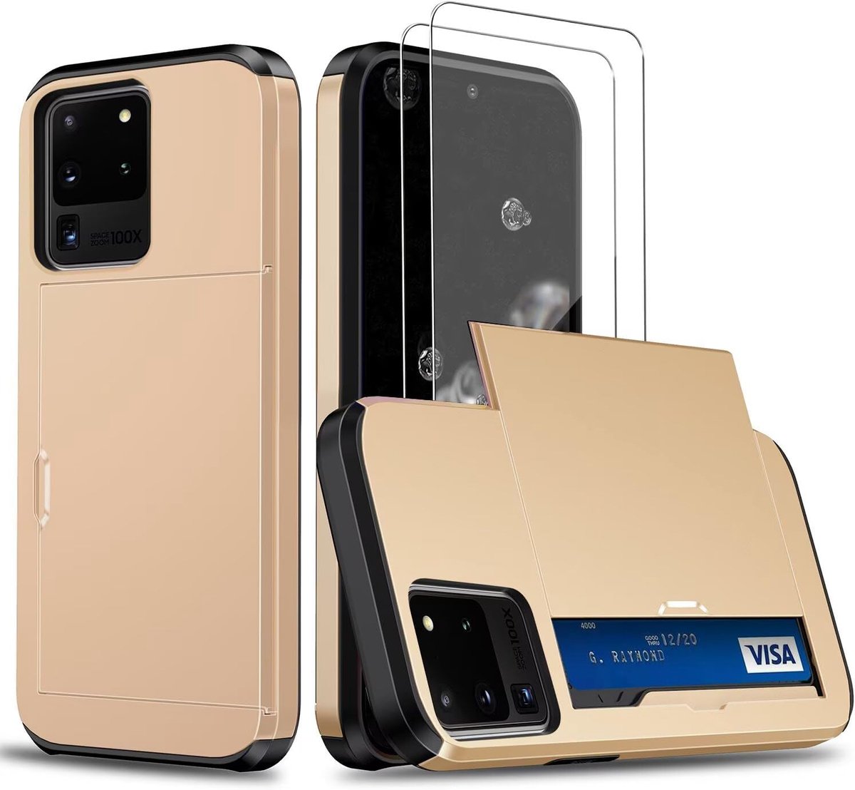Compatibel met Samsung Galaxy S20 Ultra hoesje met 2 schermbeschermers. Stevige beschermende hoes, harde achterkant van polycarbonaat, zachte TPU-bumper en kaarthouder - goudkleurig