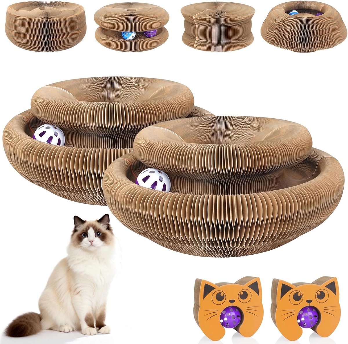 Krabpaal voor katten, karton, meerkleurig, opvouwbaar, interactief speelgoed met afneembare bel, stimuleert het kattenjachtinstinct, geschikt voor alle leeftijden van katten (2 stuks)