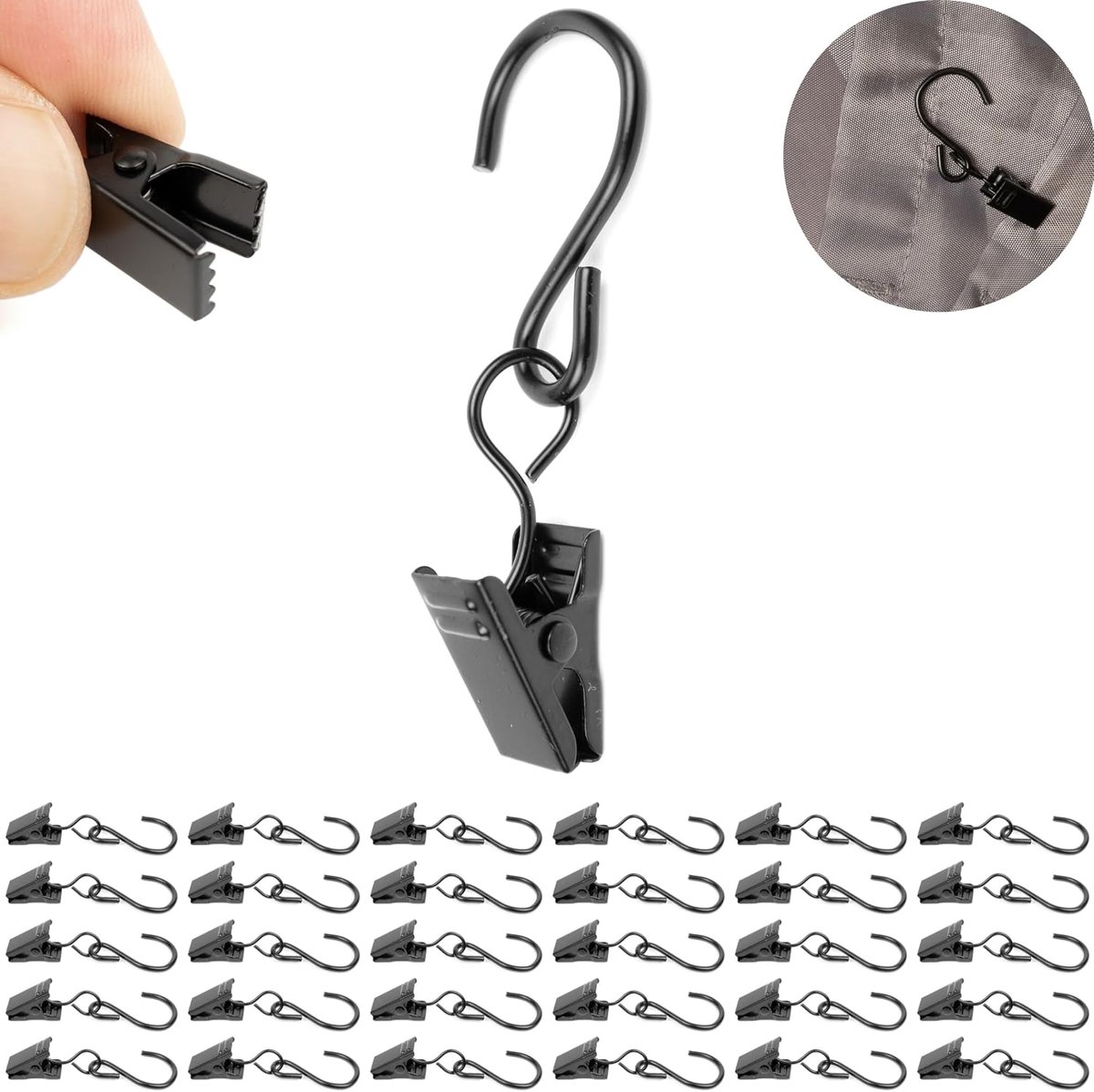 Gordijnclips met S-Haak, 30 stuks, in Zwart, met Ø 13 mm haakoog, 60 mm lange gordijnhaken, gordijnclips met S haak, gordijnclips met runnerhaken, multifunctionele metalen haakclip roede, s-hook clip