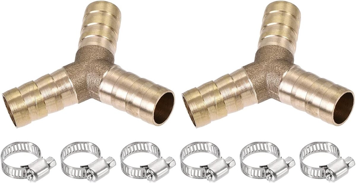2 Pack weerhaak slangfittingen - 10 mm OD messing slangfitting pijpconnector met slangklemmen zijn van toepassing op waterbrandstof (Y-vormige 3-weg)