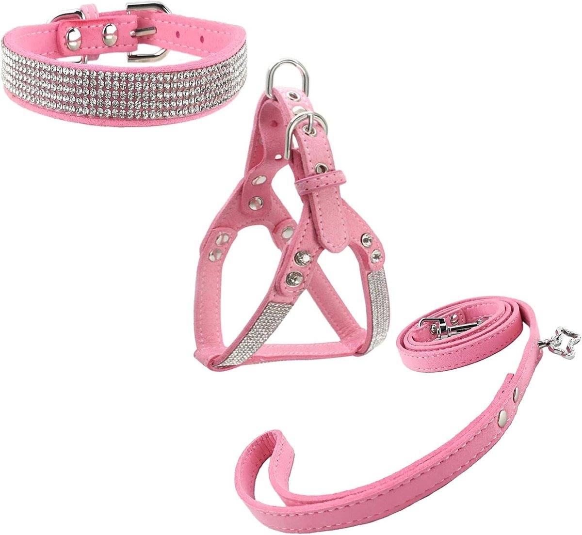 & harnas & loodsets Mode Hondenhalsband Diamante met harnas en riemen Comfortabele zachte halsbandharnas en riemen set voor hond - Roze - L