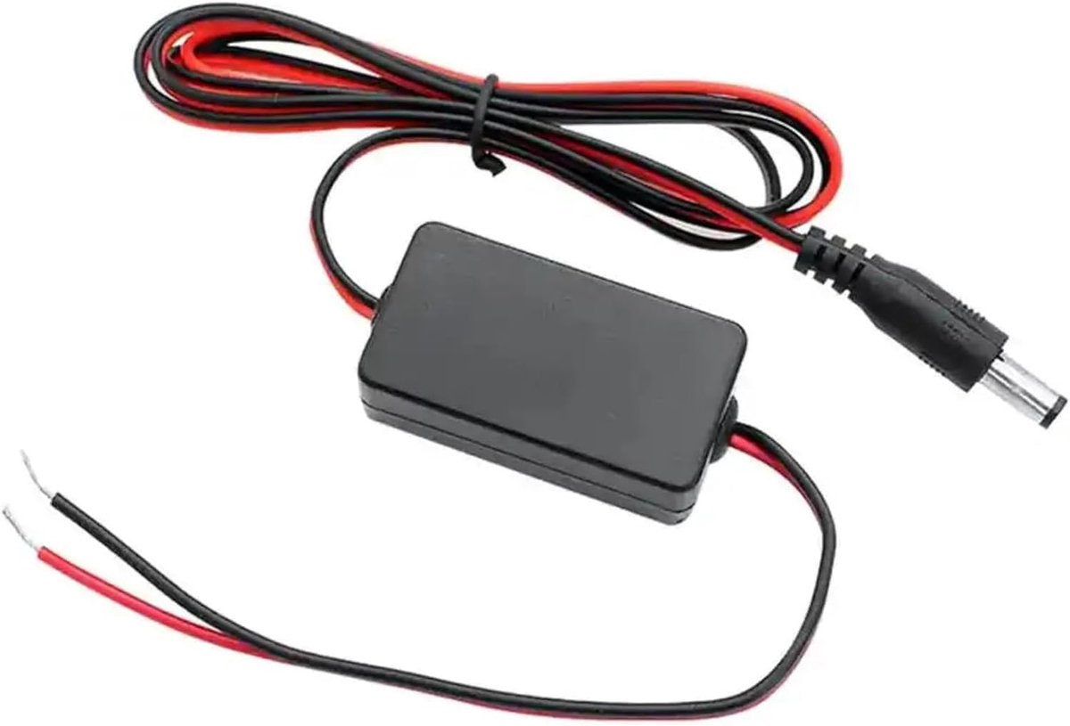 Achteruitrijcamera, 12 V DC gelijkrichter, stabilisator met verlengkabel, signaalstoringsfilter voor achteruitrijcamera, oplossing voor flikkeren van het scherm, zwart