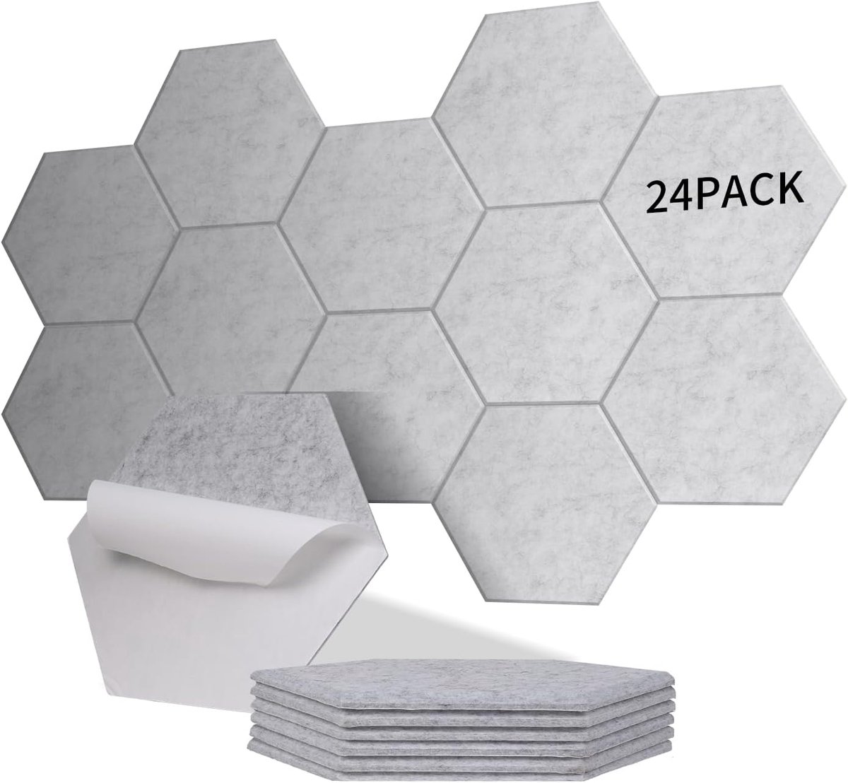 Pak van 24 zelfklevende zeshoekige akoestische panelen,dekt 1,4m²,geluidsisolatie voor wanden en deuren -230 kg/m³, NRC 0,95, 100% polyester, ideaal voor geluidsisolerende wanden,zilvergrijs
