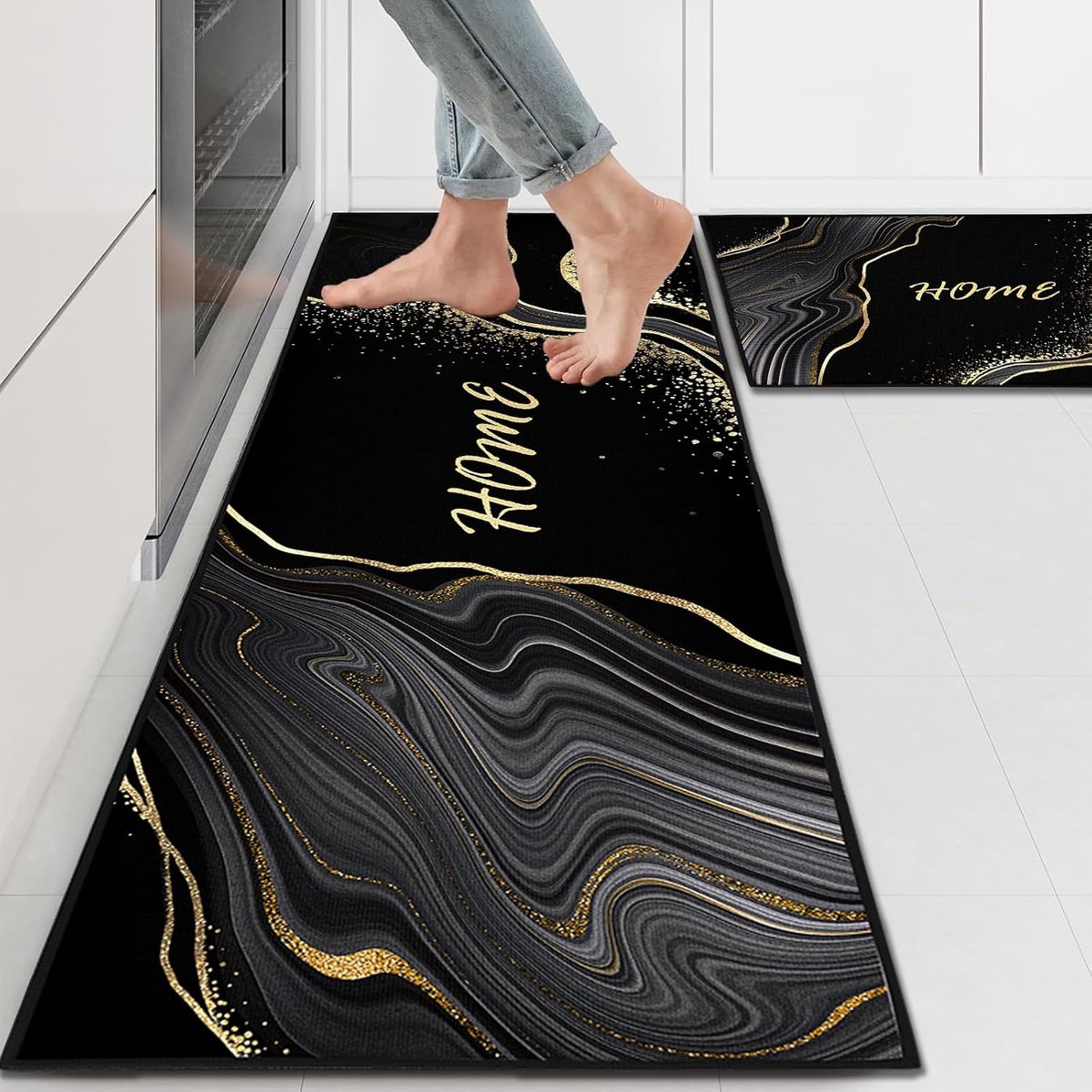 2 stuks, antislip en opname zonnebloempatroon, keukentapijt, voor keuken woonkamer, eetkamer, badkamer, 43 x 150 cm + 43 x 75 cm (marmer, 43 x 150 cm + 43 x 75 cm)