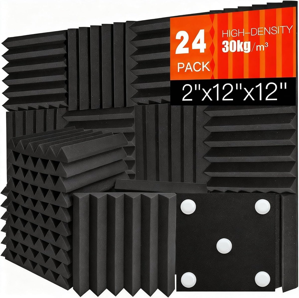 Panelen, zelfklevend, 24 stuks, geluidsabsorberende platen, wiggen, geluidsisolatie voor studio, kantoor, akoestische behandeling, zwart, 2 x 12 x 12