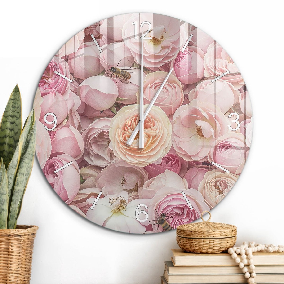 ArtPrintCave Roze Glazen Klok - Wandklok 60 cm - Muurklok Rond - Bloemenmotief Stille Wandklok - Natuur Wandklok Keuken - Witte Klokwijzers