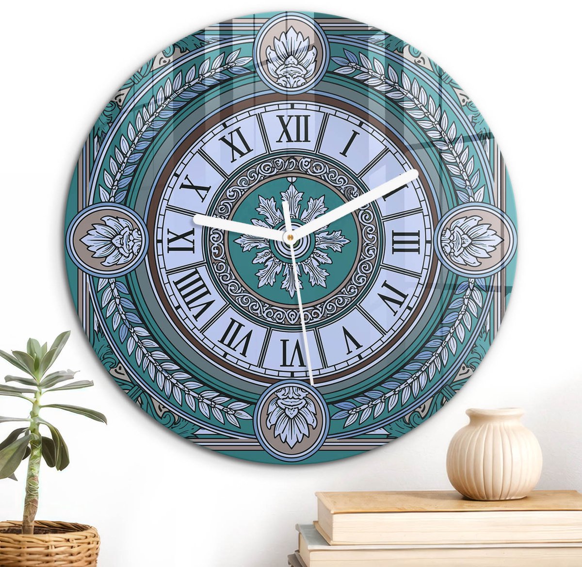 ArtPrintCave Turkoois Glazen Klok - Wandklok 30 cm - Muurklok Rond - Art Nouveau-Schild Unieke Klok - Geometrie Stille Wandklok - Witte Klokwijzers