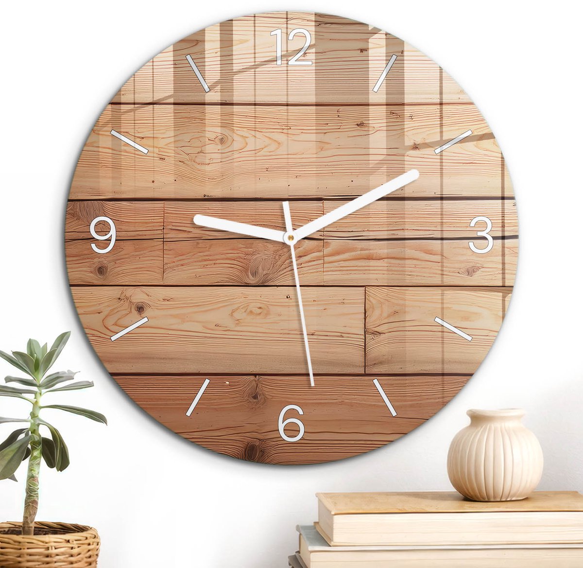 ArtPrintCave Bruin Glazen Klok - Wandklok 30 cm - Muurklok Rond - Houten Planken Stille Wandklok - Achtergronden En Patronen Wandklok Keuken - Witte Klokwijzers