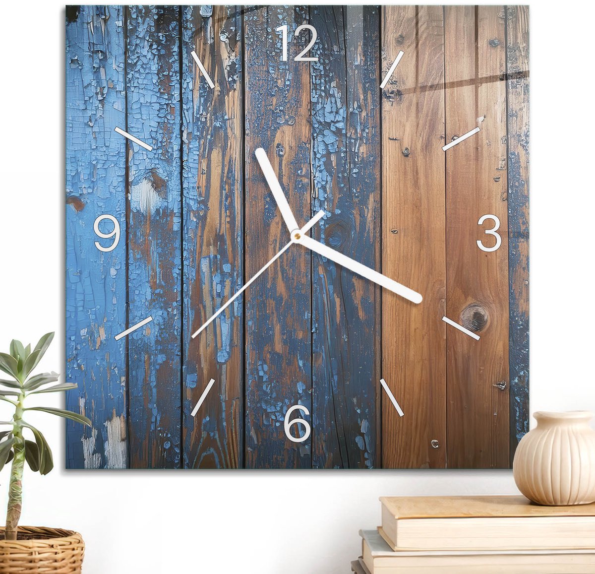 ArtPrintCave Blauw Glazen Klok - 30x30 cm - Wandklok Vierkant - Rustiek Hout Wandklok Keuken - Achtergronden En Patronen Unieke Klok - Witte Klokwijzers