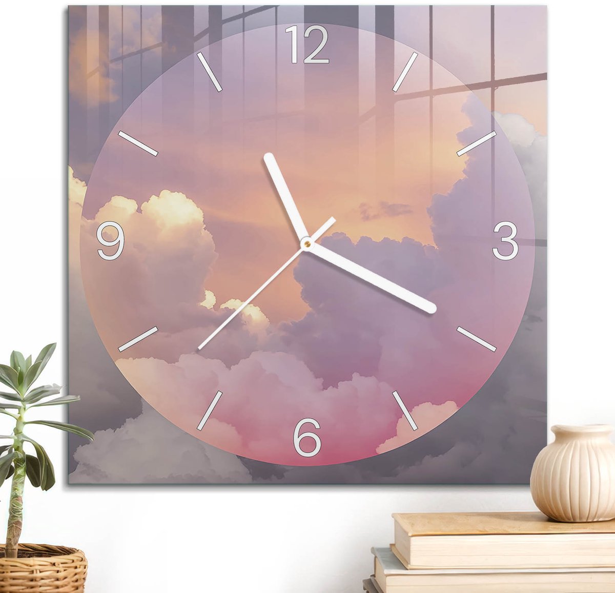ArtPrintCave Roze Glazen Klok - 30x30 cm - Wandklok Vierkant - Pastelkleurige Wolken Stille Wandklok - Abstractie Wandklok Keuken - Witte Klokwijzers