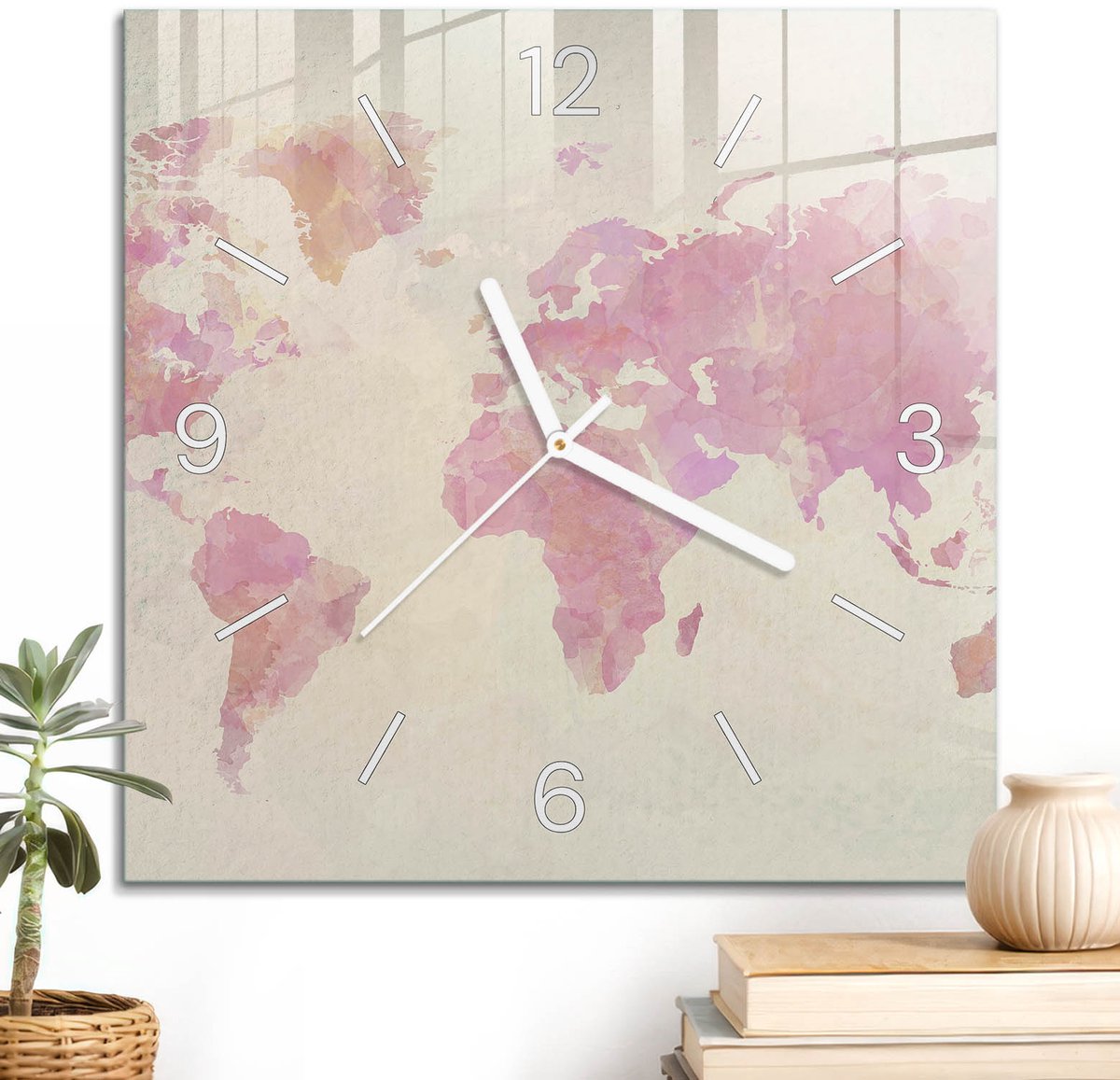 ArtPrintCave Roze Glazen Klok - 30x30 cm - Wandklok Vierkant - Pastel Kaart Wandklok Keuken - Abstractie Unieke Klok - Witte Klokwijzers