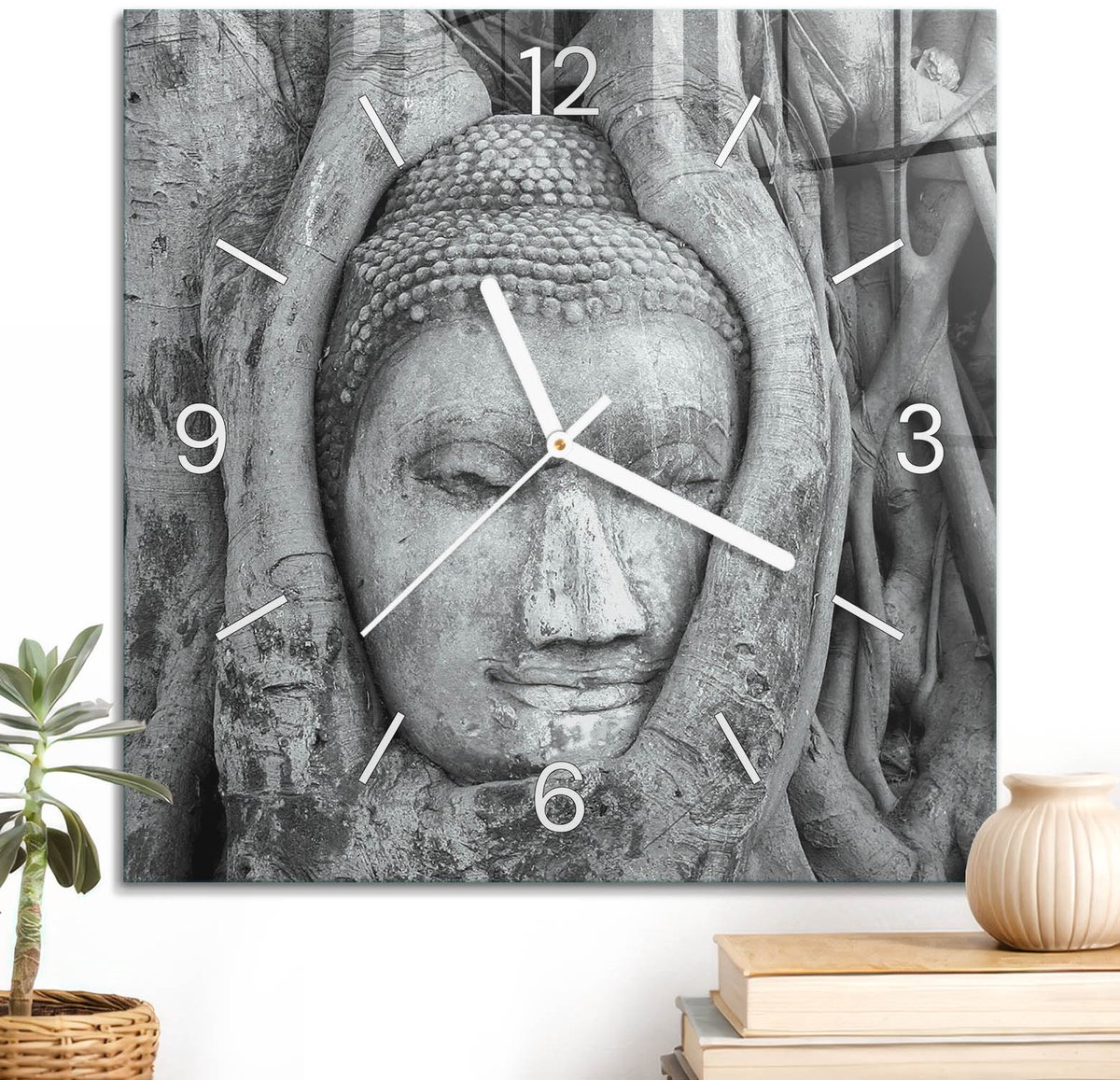 ArtPrintCave Grijs Glazen Klok - 30x30 cm - Wandklok Vierkant - Geestelijke Harmonie Unieke Klok - Religie Stille Wandklok - Witte Klokwijzers