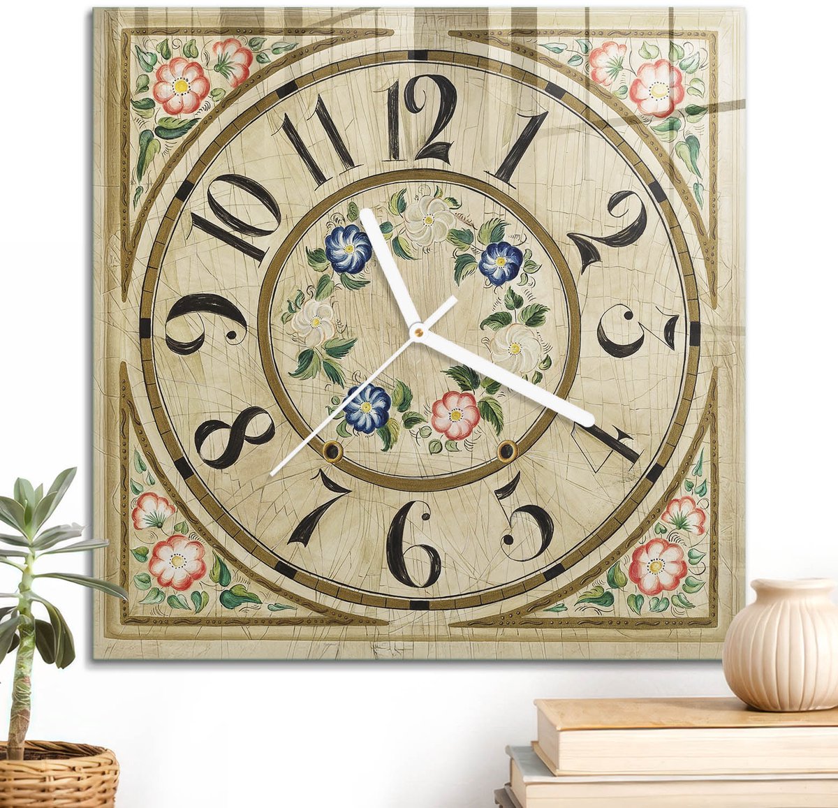 ArtPrintCave Beige Glazen Klok - 30x30 cm - Wandklok Vierkant - Retro Bloemen Stille Wandklok - Abstractie Wandklok Keuken - Witte Klokwijzers