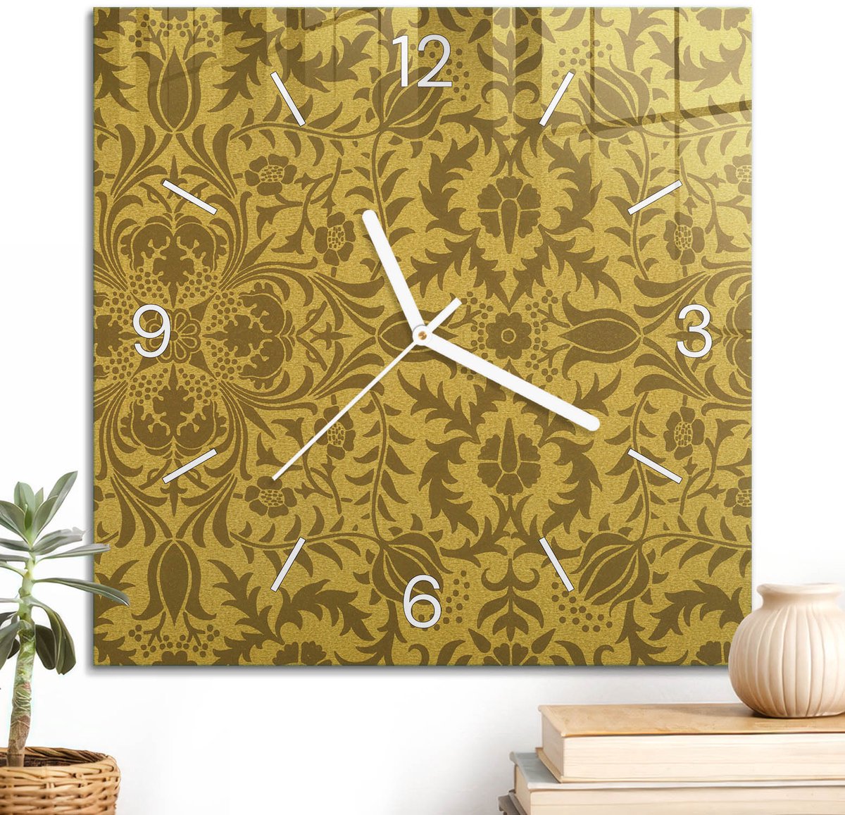 ArtPrintCave Geel Glazen Klok - 30x30 cm - Wandklok Vierkant - Warm Ornament Wandklok Keuken - Kunst Unieke Klok - Witte Klokwijzers