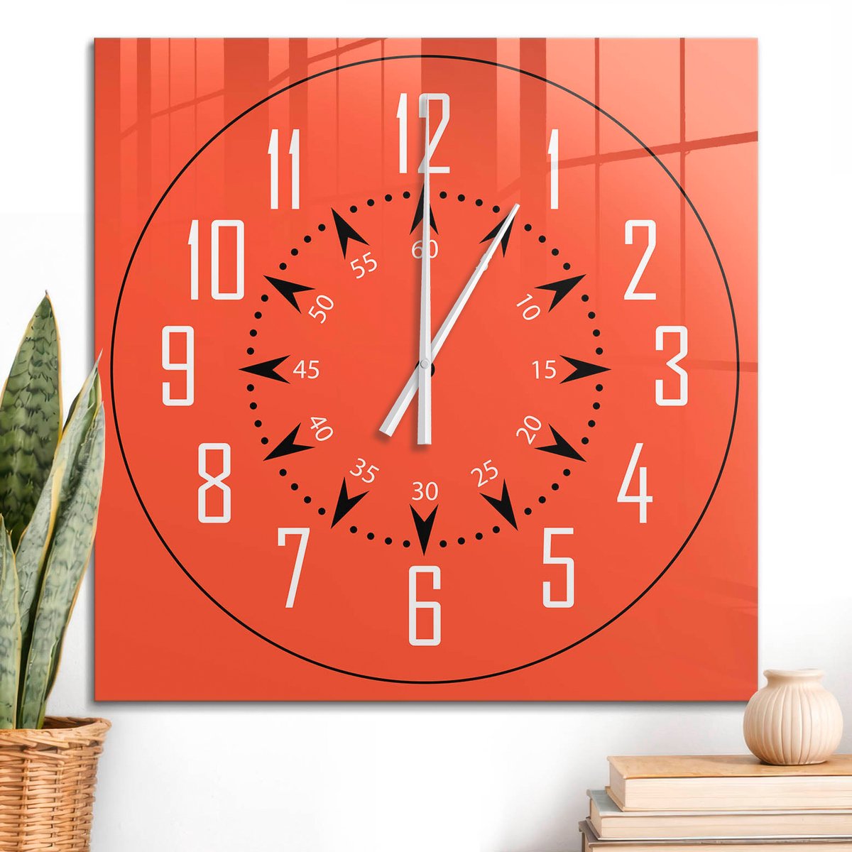 ArtPrintCave Oranje Glazen Klok - 60x60 cm - Wandklok Vierkant - Oranje Schild Stille Wandklok - Achtergronden En Patronen Wandklok Keuken - Witte Klokwijzers