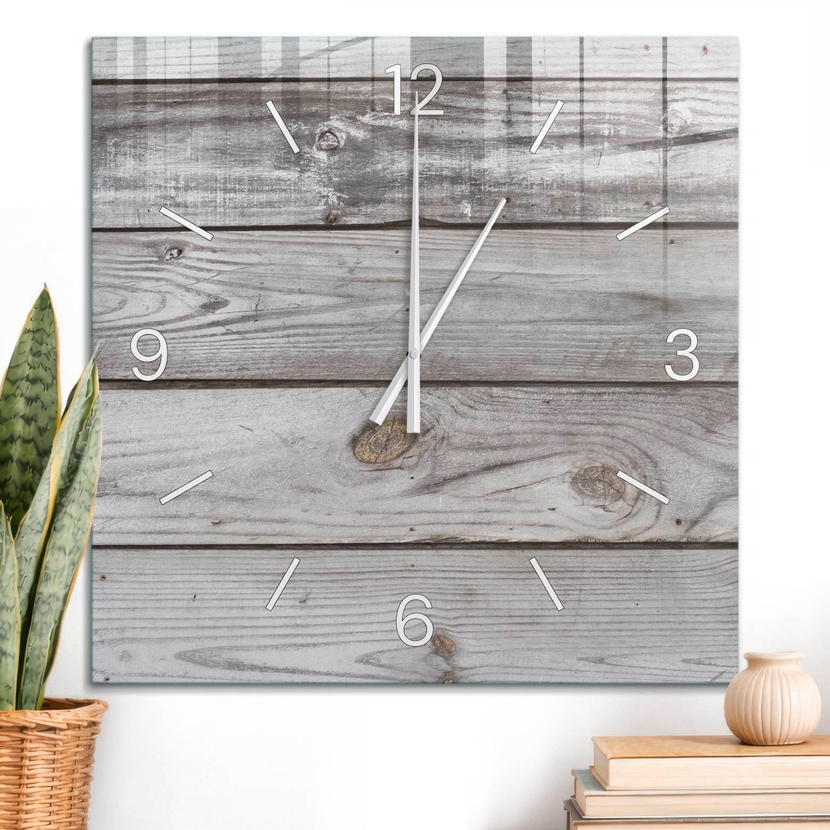ArtPrintCave Grijs Glazen Klok - 60x60 cm - Wandklok Vierkant - Grijs Hout Stille Wandklok - Achtergronden En Patronen Wandklok Keuken - Witte Klokwijzers