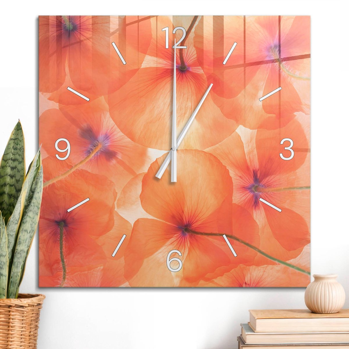 ArtPrintCave Oranje Glazen Klok - 60x60 cm - Wandklok Vierkant - Oranje Bloemen Wandklok Keuken - Natuur Unieke Klok - Witte Klokwijzers