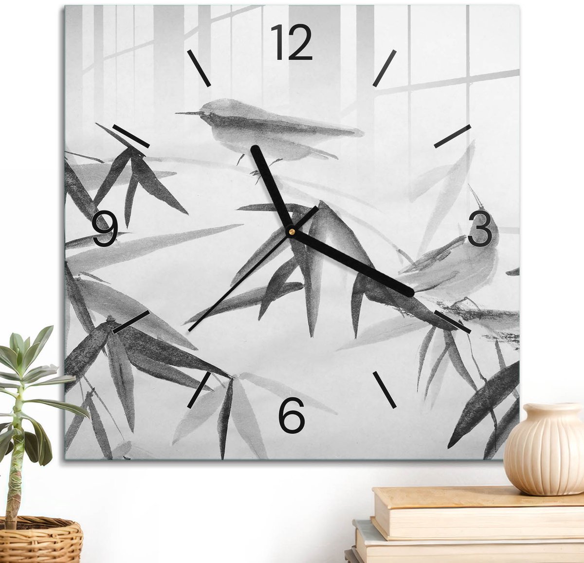 ArtPrintCave Zwart-wit Glazen Klok - 30x30 cm - Wandklok Vierkant - Bamboe Vogels Stille Wandklok - Natuur Wandklok Keuken - Zwarte Klokwijzers