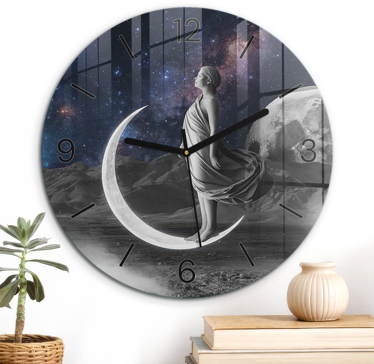 ArtPrintCave Zwart Glazen Klok - Wandklok 30 cm - Muurklok Rond - Kosmische Droom Unieke Klok - Kunst Stille Wandklok - Zwarte Klokwijzers