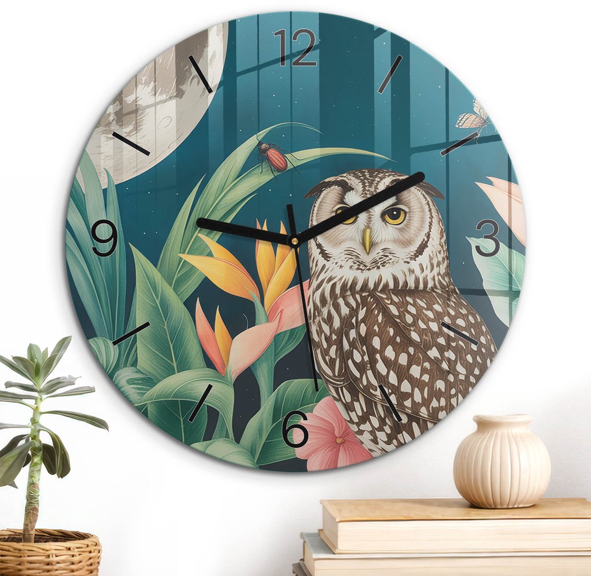 ArtPrintCave Groene Glazen Klok - Wandklok 30 cm - Muurklok Rond - Nachtrust Unieke Klok - Natuur Stille Wandklok - Zwarte Klokwijzers