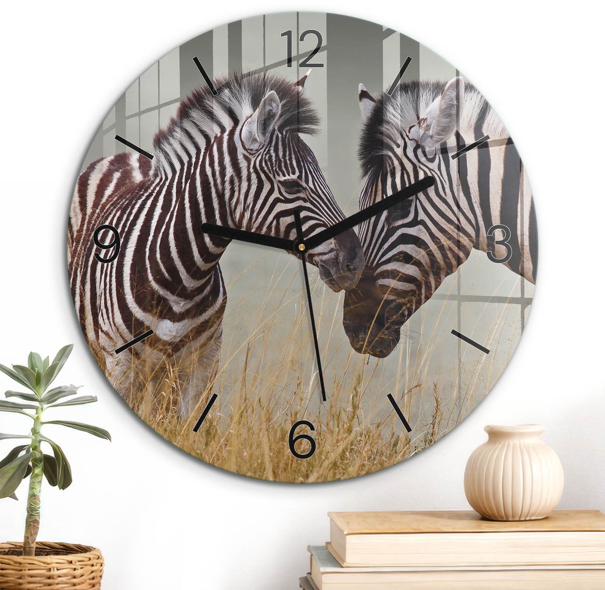 ArtPrintCave Zwart Glazen Klok - Wandklok 30 cm - Muurklok Rond - Afrikaanse Zebra'S Wandklok Keuken - Natuur Unieke Klok - Zwarte Klokwijzers