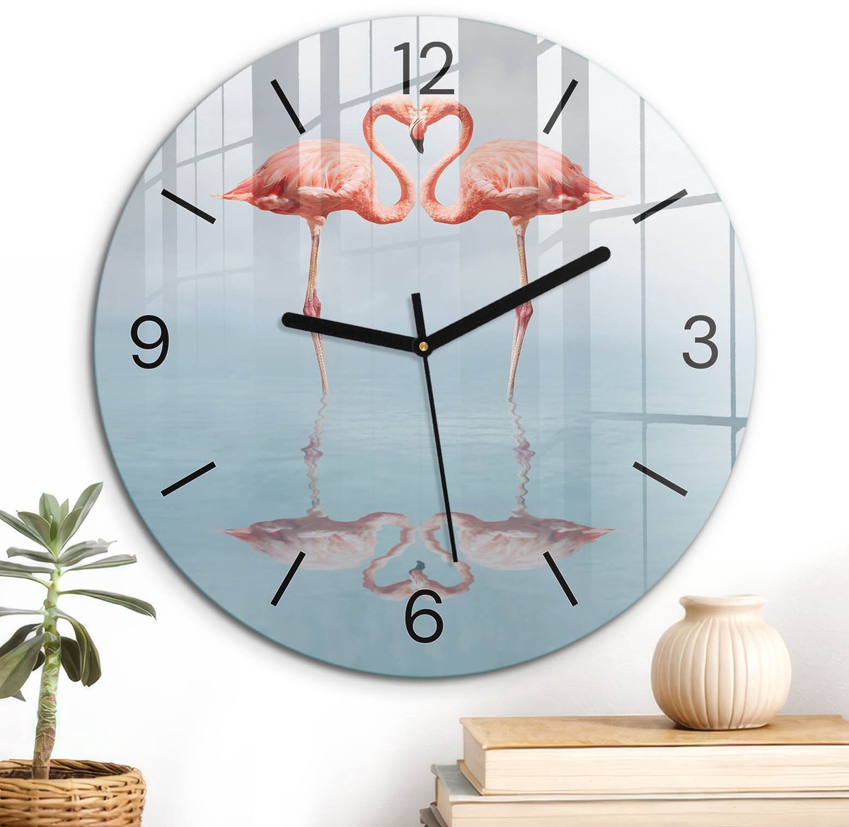 ArtPrintCave Blauw Glazen Klok - Wandklok 30 cm - Muurklok Rond - Flamingos Hart Wandklok Keuken - Natuur Unieke Klok - Zwarte Klokwijzers