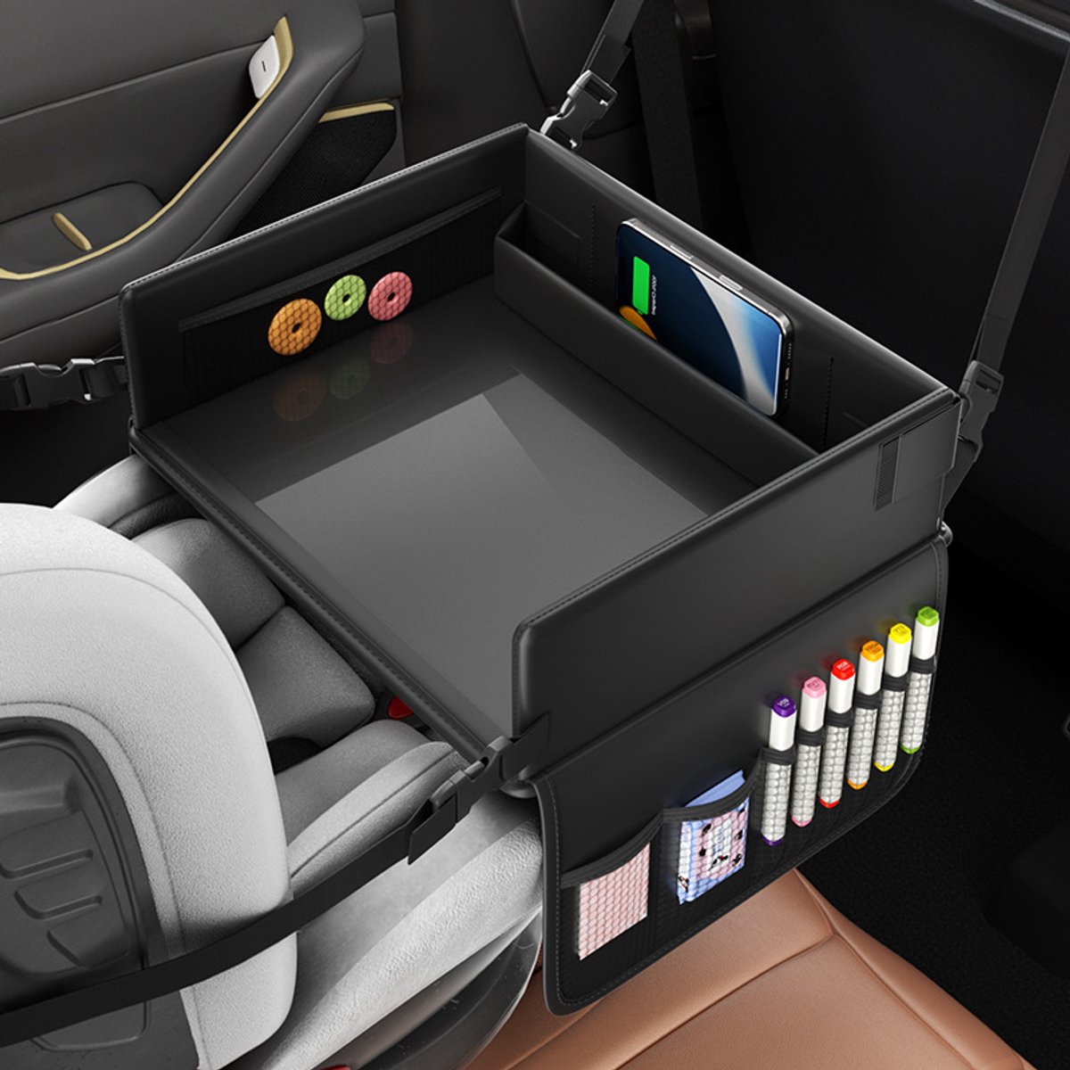 Autostoel Organizer met Tafeltje voor Kinderen Auto - Opvouwbare Reistafel met 270° Omheining - Waterdicht PU Leer met Telefoon/Tablet Houder en Opbergvakken - Zwart