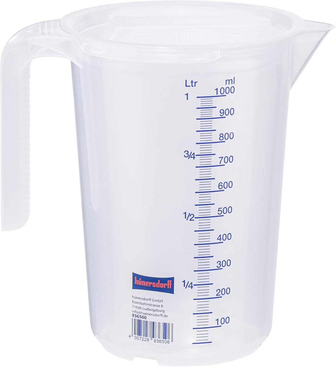 Maatbeker - 1 liter - Polypropeen - Transparant en Blauw - Hünersdorff Polypropyleen