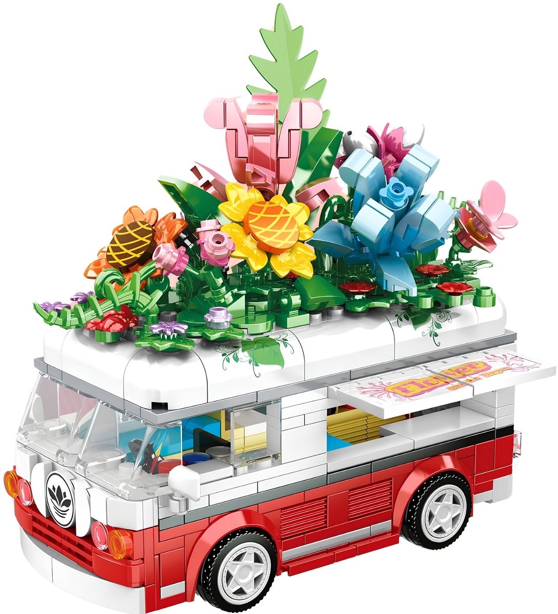 Zhe Gao 0286 Bloemen camper bouwset | City & friends Adventure | Classic Creator STEM speelgoed knutselen meisjes bouwpakket | Kermis & Pretpark auto modelbouw voor kinderen & volwassenen | niet geschikt voor Lego | Bouwdoos met 457 bouwstenen
