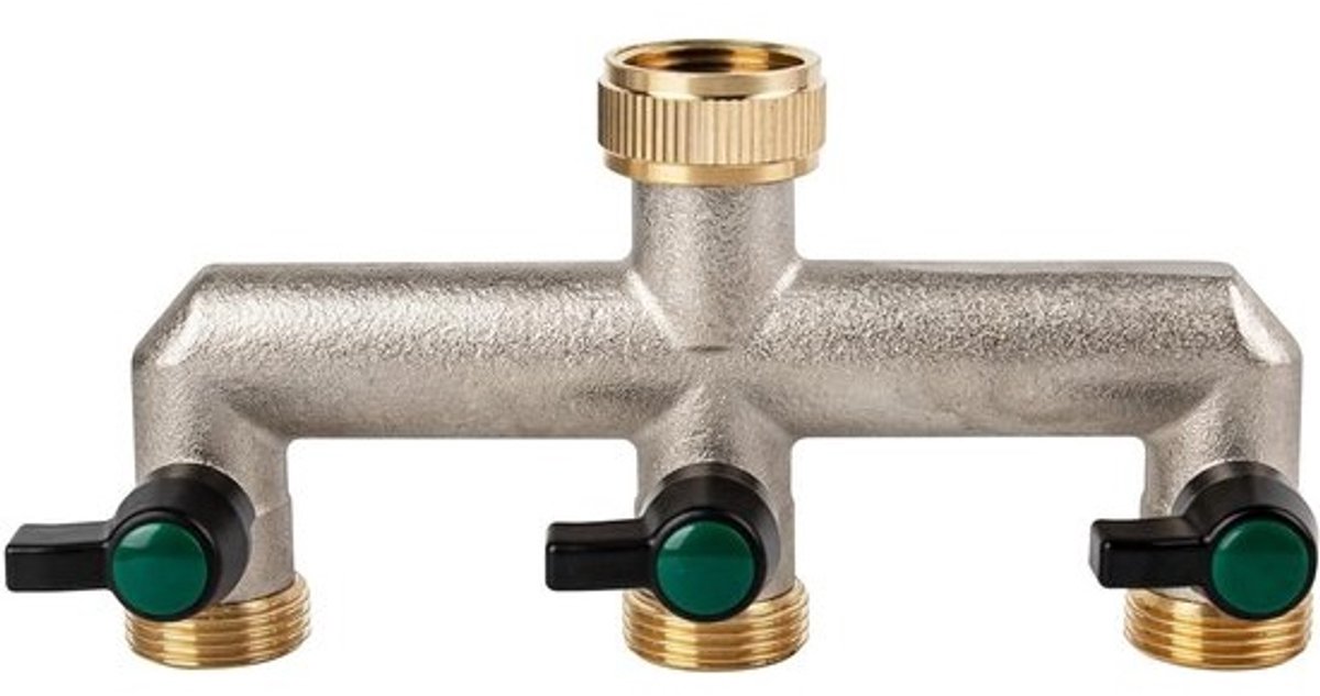 3-weg messing tuinslangsplitter - met 3 individuele ventielen - voor tuin en keuken, 3/4 inch aansluiting