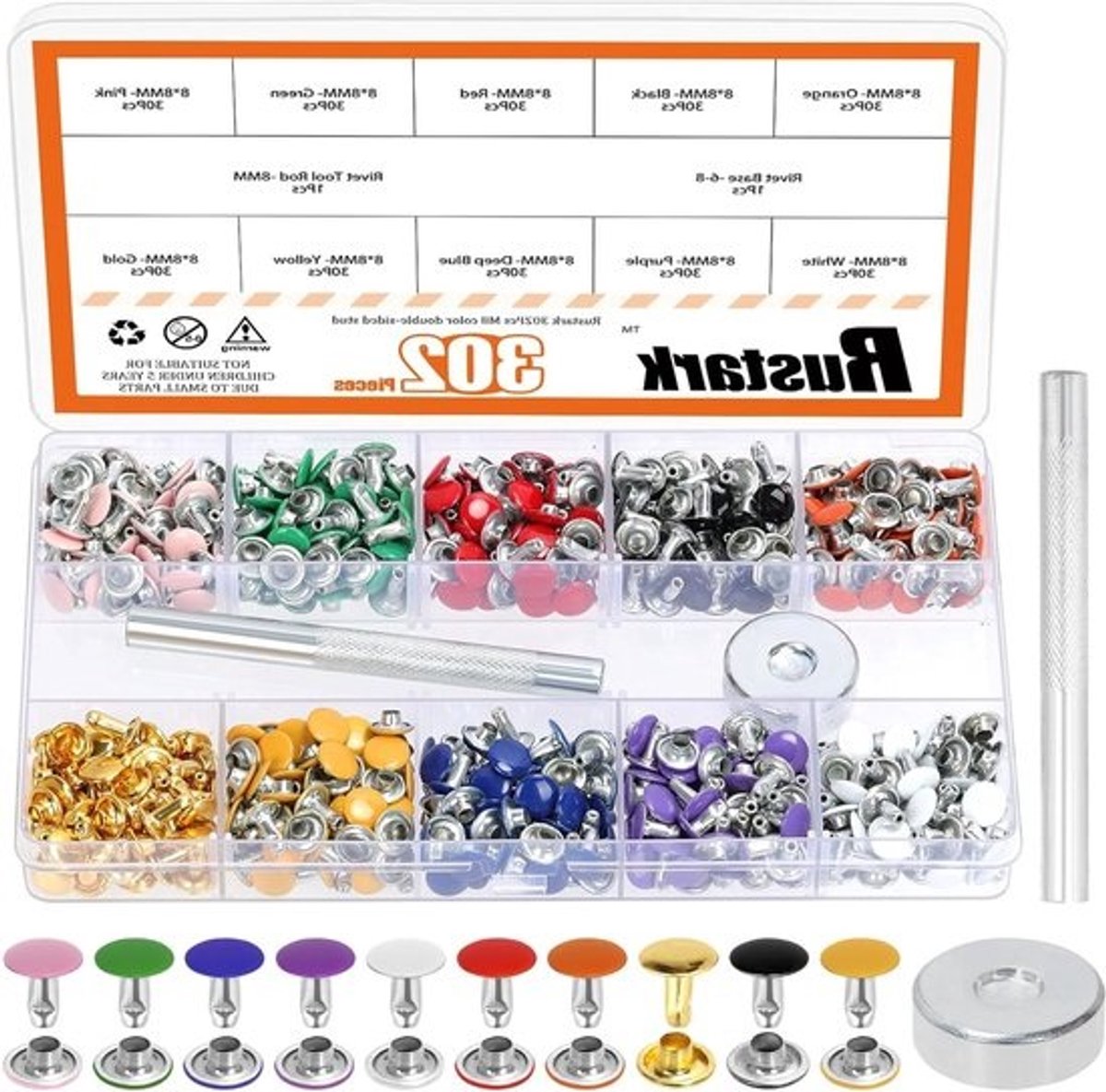 300 sets in 10 kleuren 8x8MM leren nietenkit met dubbele kap en tubulaire metalen studs, met gereedschap voor DIY-leren ambachten en herstellingen