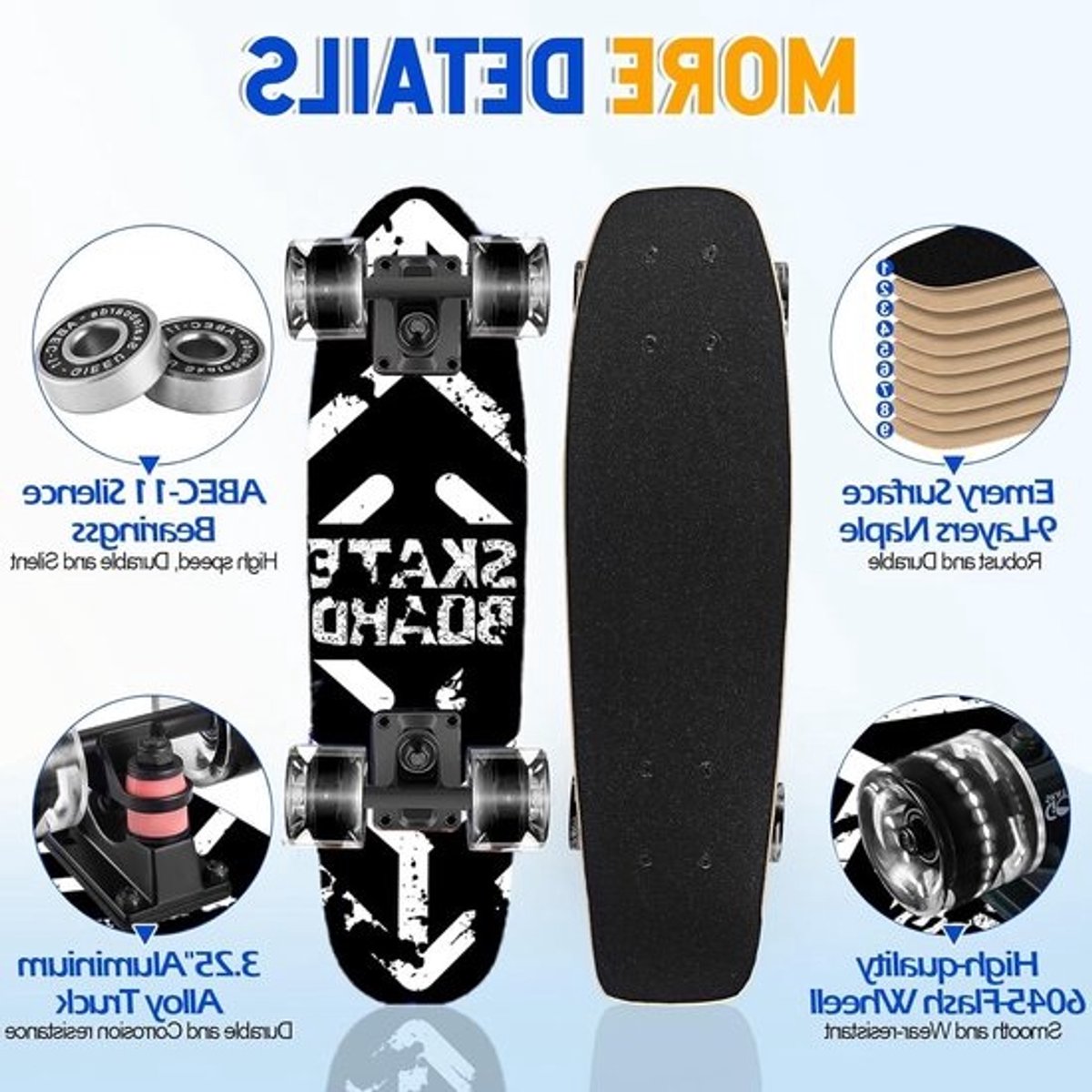 Kleurrijk skateboard met flitsende wielen voor beginners en kinderen - Compleet 9-laags Canadees esdoorn, tieners en volwassenen, concave ontwerp