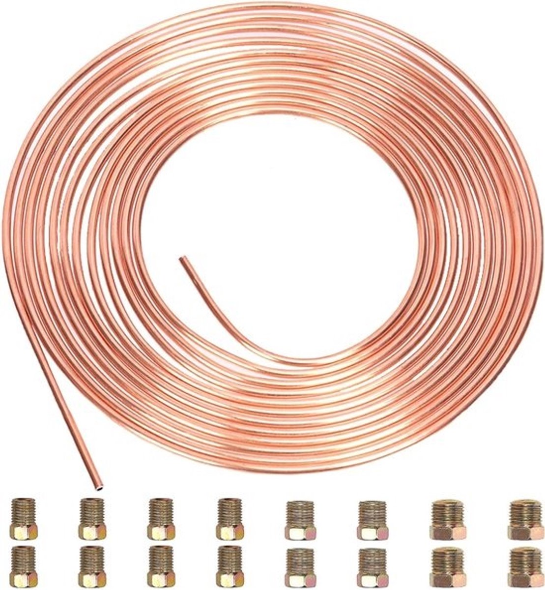 Complete set van 17 stuks remleidingslang - Koperen coating, 25 ft, 3/16 inch, wanddikte 0,028 - Inclusief 16 fittingen, eenvoudig met de hand te buigen, SAE-goedgekeurd