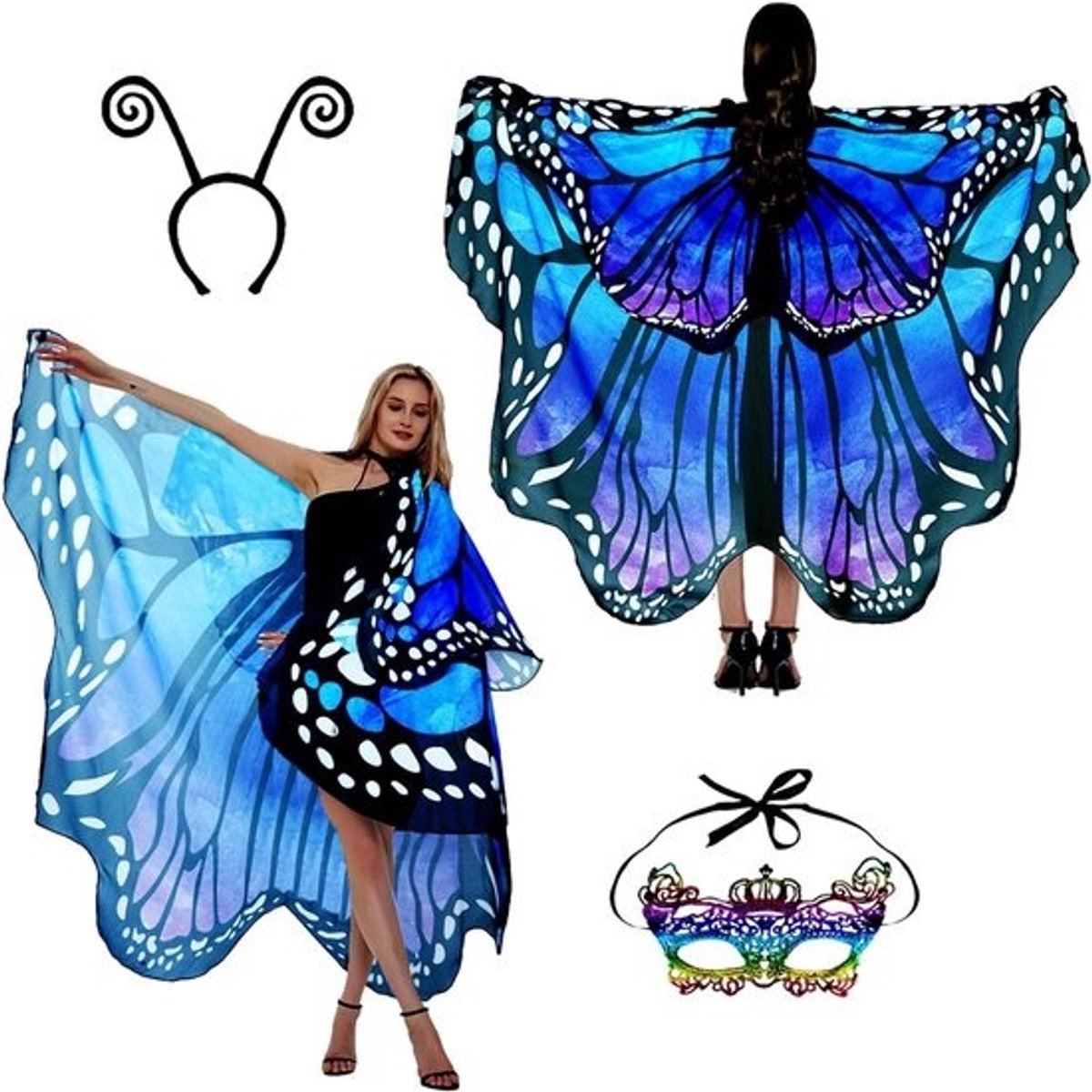 Vleermuis kostuum voor dames met vleugels, cape en accessoires voor carnaval en feesten, inclusief gezichtsmasker en hoofdband