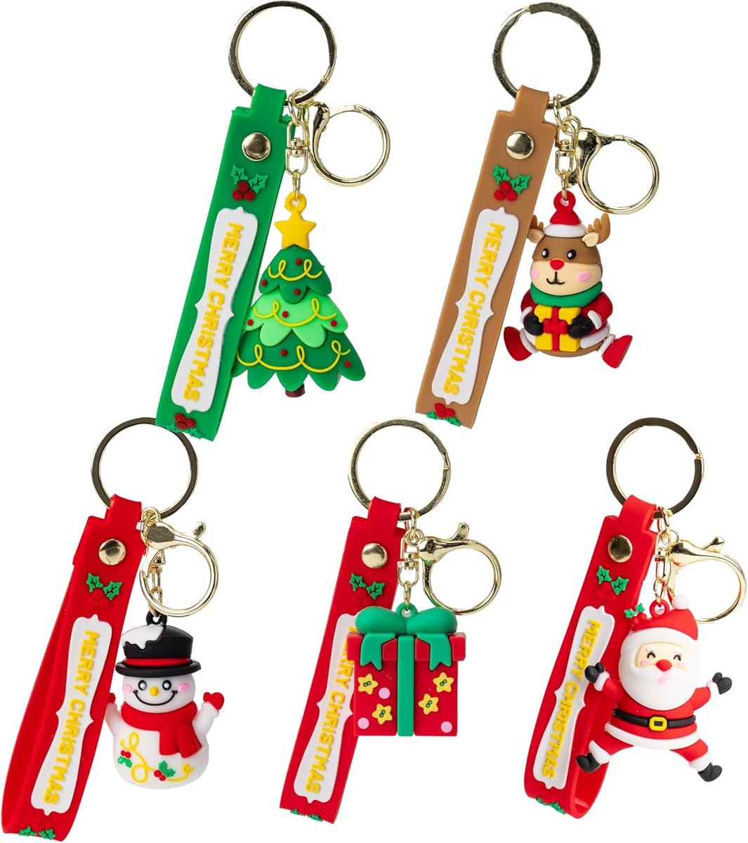 5 stuks, 3D feestelijke sleutelhangers met kerstman, rendier, sneeuwpop, kerstboom en cadeau, perfect voor vakantiedecoraties, kousvullers en kerstcadeaus