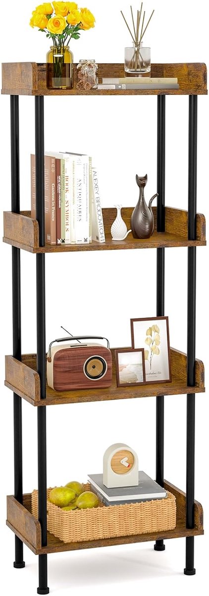 Boekenkast met 4 niveaus, keukenrek van hout en metalen frame, modern voor woonkamer, slaapkamer, balkon + bruin