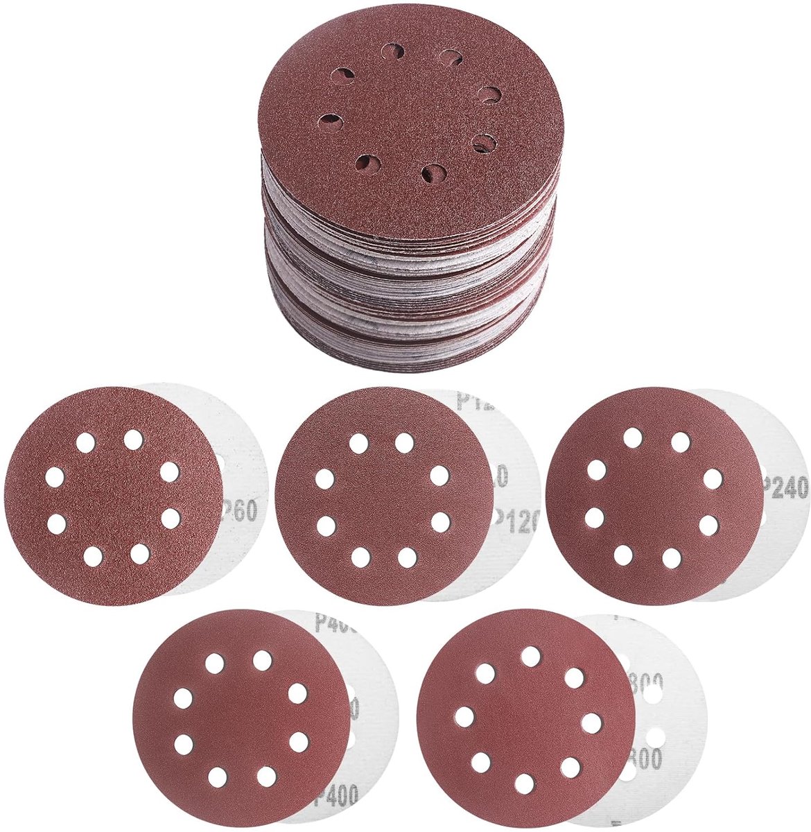 125mm, 50 grain 60/120/240/400/800, poncagel schijf met 8 gaten voor excentrische Poncer/polishing/drouiller, hout metaal verf