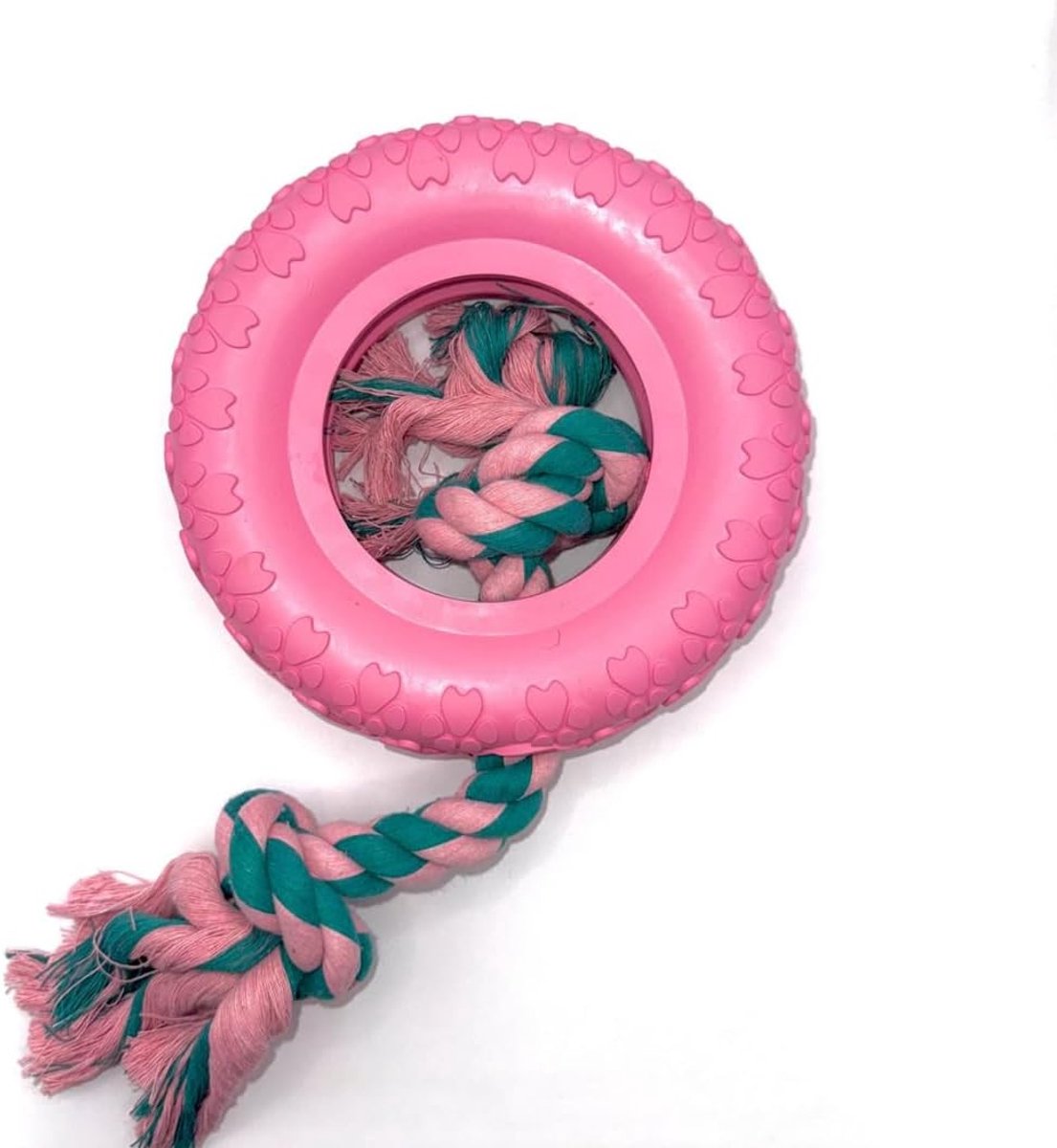 Hondenspeelgoed, natuurlijk rubber, vulbare kauwring in hoepellook, interactief speelgoed voor sterke kauwers, maten M en L, kleuren turquoise, paars en roze met touw (roze met touw)