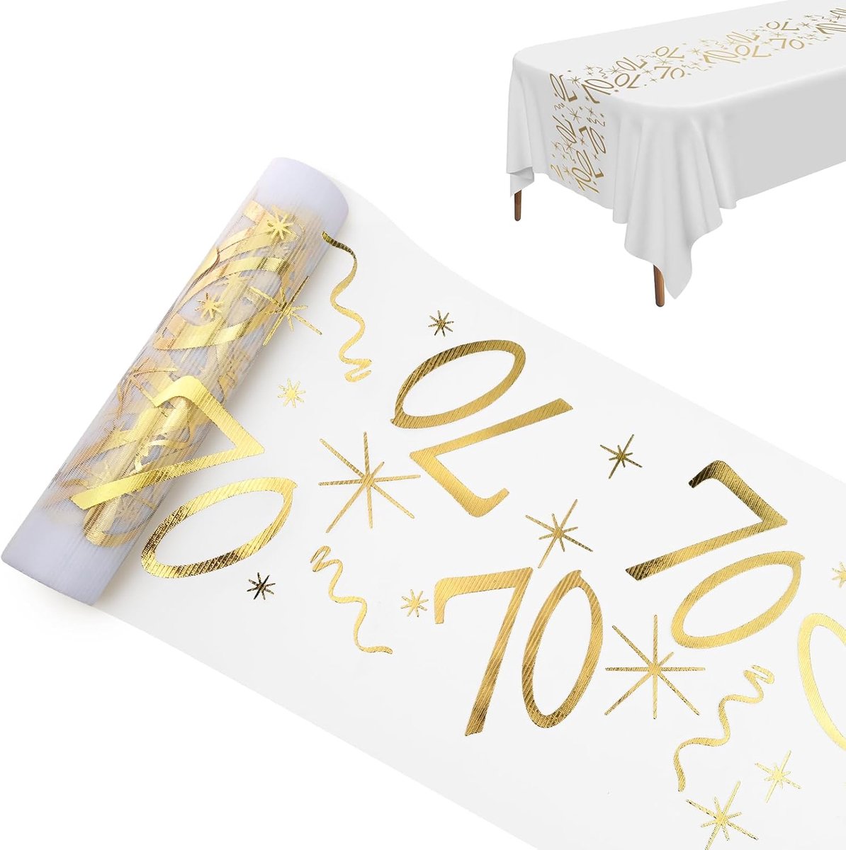 Tafelloper 70e verjaardag, tafeldecoratie verjaardag 28 cm x 10 m, tafelloper gouden rol, decoratie 60e verjaardag vrouw man, tafelband tafelkleed verjaardag, 60e verjaardag decoratie, feest jubileum