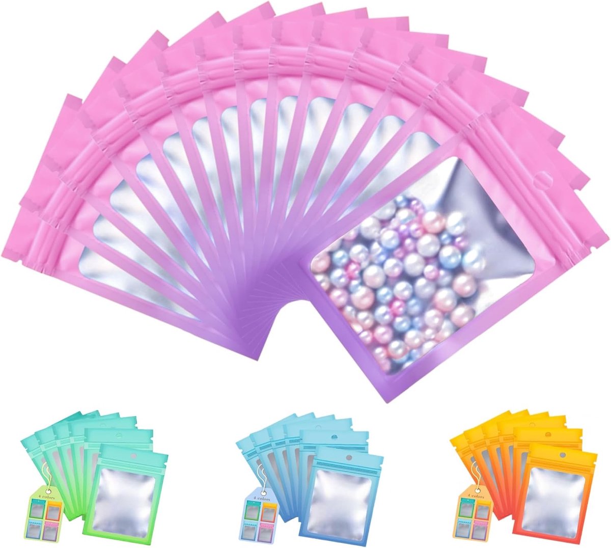 100 Stuks Hersluitbare Ziplock Zakjes met Venster en Hanggat, Gekleurde Plastic Zakjes, Aluminium-Mylar Zak, Kleine Platte Zakken Voor Verpakking en Voedsel (Roze en Paars, 7 x 10 cm)