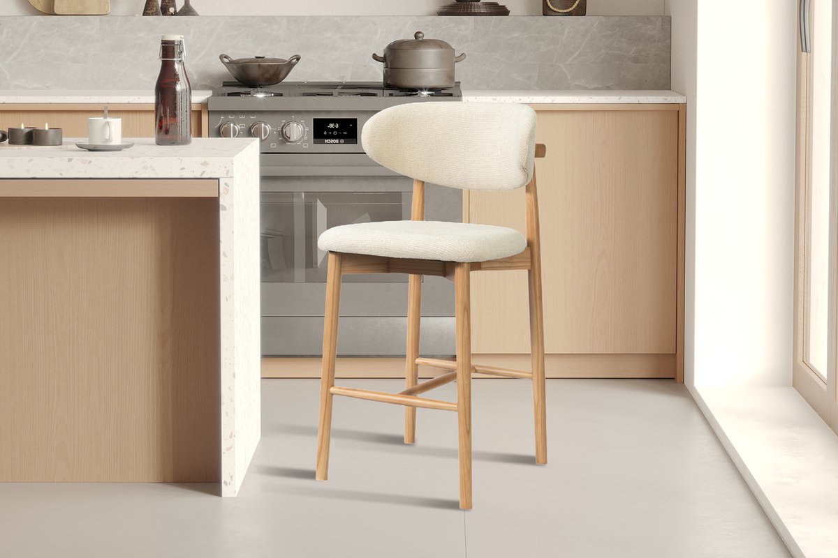 Barstoel Clara Naturel – Keukeneiland 65 cm – Massief Essenhout – Beige Stof