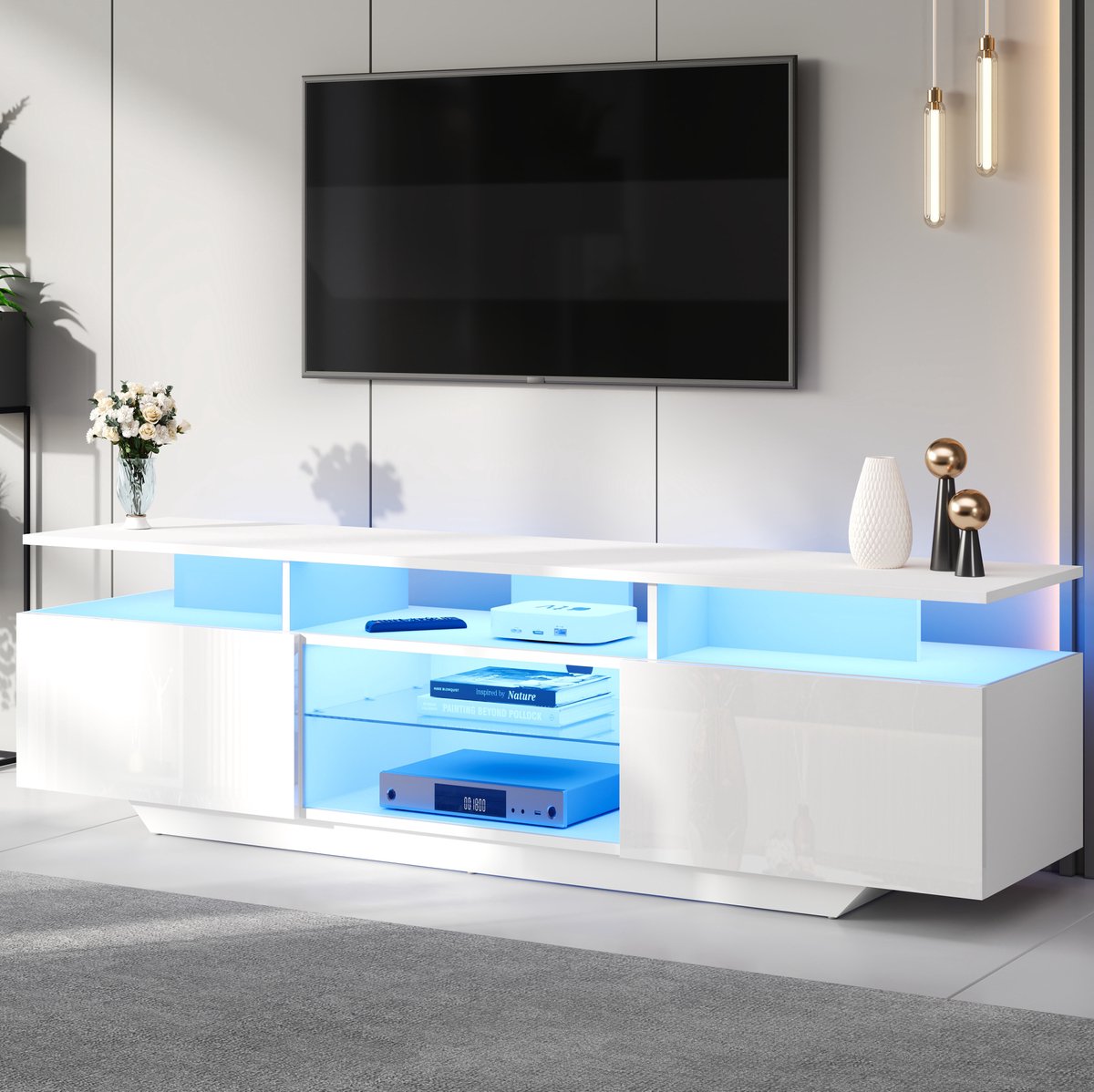 MEUNIQ TV-meubel 160 x 40 x 45 cm voor tv's tot ca. 70 inch - wit hoogglans met LED-verlichting, 2 kastvakken, glazen legplanken en 8 opbergvakken voor woonkamer
