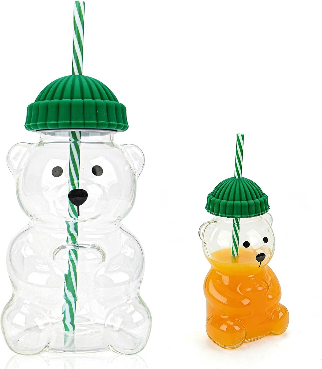 & Wvo Beer Cup, 2026 Beer Drink Cup with Lid and Straw, 600 ml Bear Tea Coffee Juice Glass Cup, Sweet Bear Drinking Glass Made of High-Quality Glass, Glasses for Espresso, Latte, Milk Tea, Juice